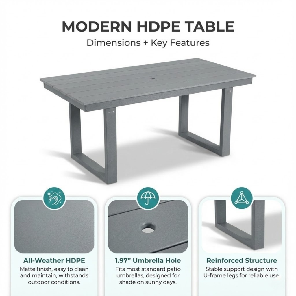 7-Piece HDPE Outdoor Dining Set for 6 – Weather-Resistant Patio Table with Umbrella Hole (Grey)