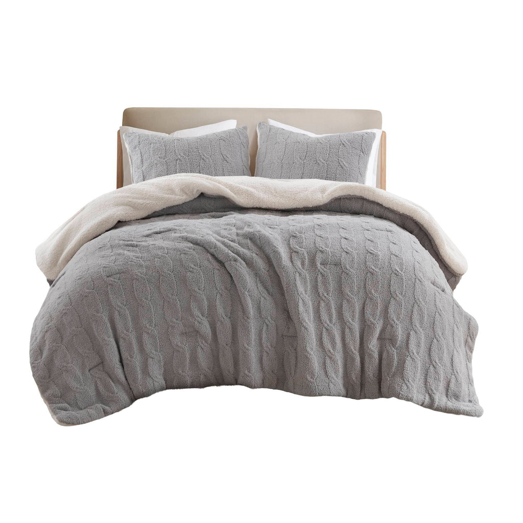 3 Pieces Full/Queen Cable Knit Chenille Comforter Set Gray