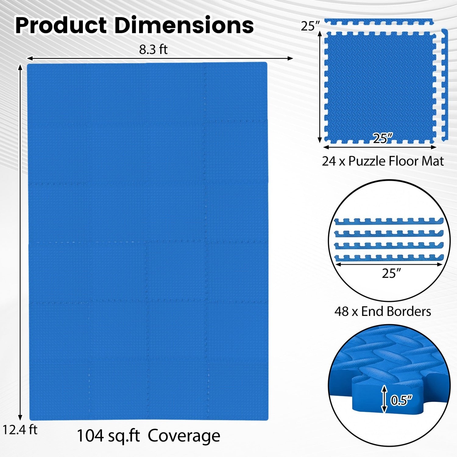 Puzzle Exercise Floor Mats 1/2 Inch Thick - 24 Tiles