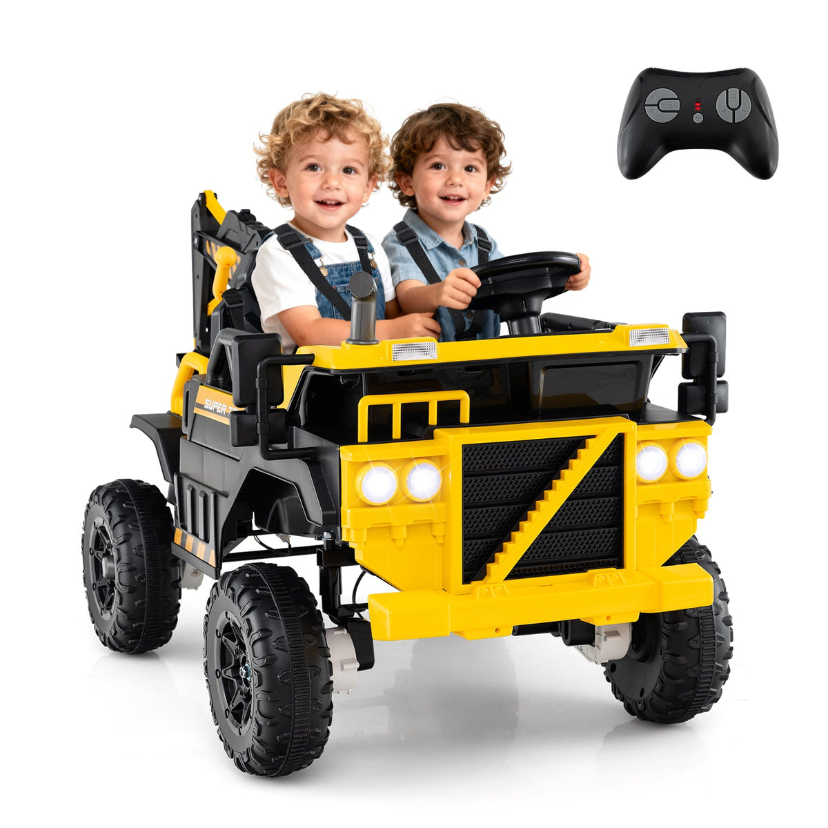 24V Ride On Excavator 4WD 2-Seater with Remote Control and Digging Arm-Yellow