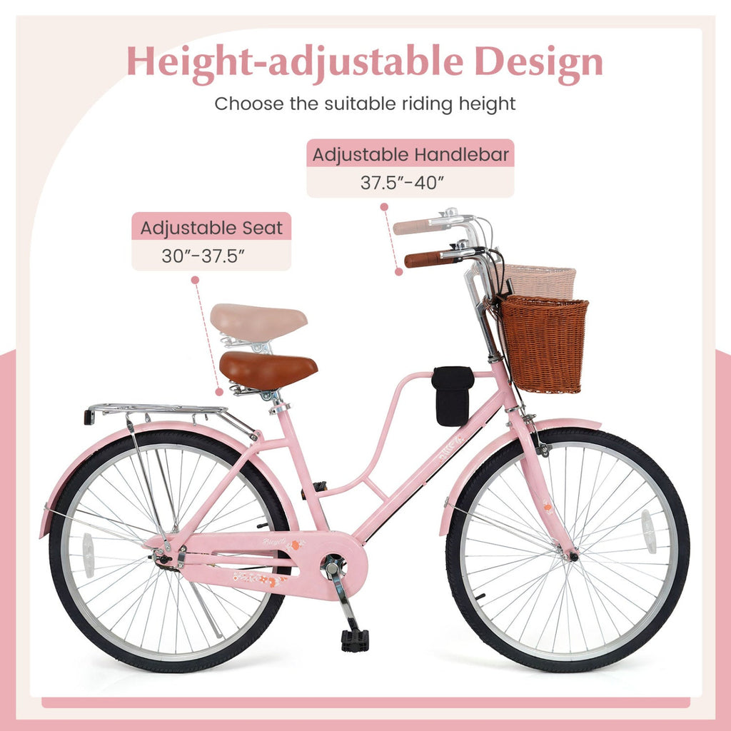 26-Inch Beach Cruiser Bike with Basket and Cup Holder - Pink