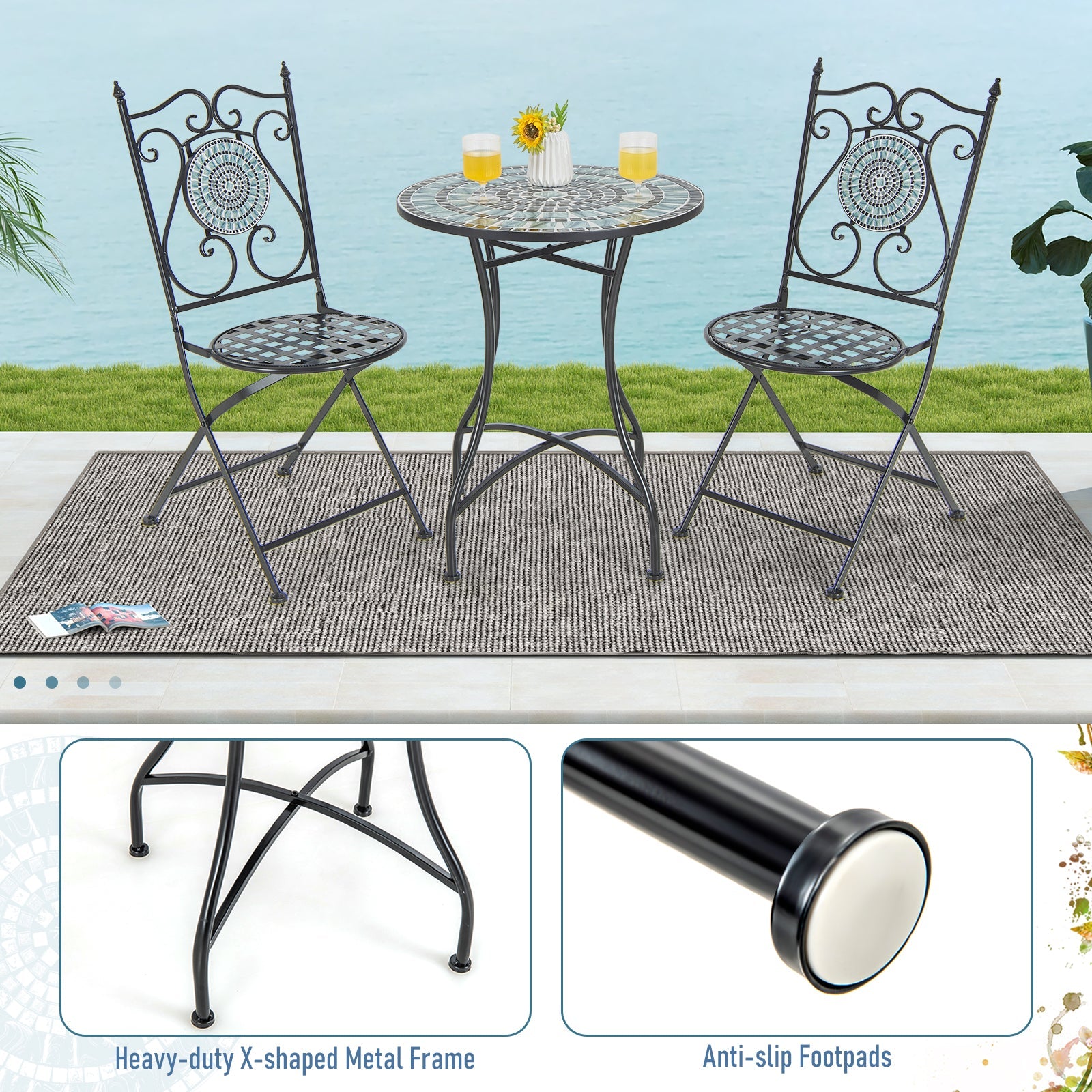 24 Inch Patio Bistro Table with Ceramic Tile Tabletop-Blue