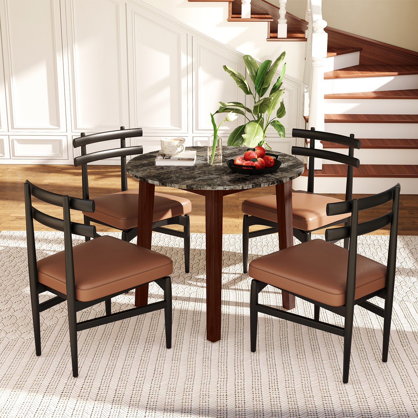 35 Inch Round Dining Table with Rubber Wood Legs and Marble-textured Veneer Tabletop-Brown