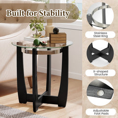 24 Inches Round Side Table with Tempered Glass Top and Solid Rubber Wood Base