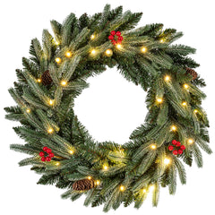 24‚Äù Pre-lit Christmas Wreath Front Door Artificial Xmas Wreath with 90 Frosted Branch Tips