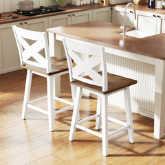 24" Rubberwood Swivel Barstools Set of 2 with Backrest and Large Seat