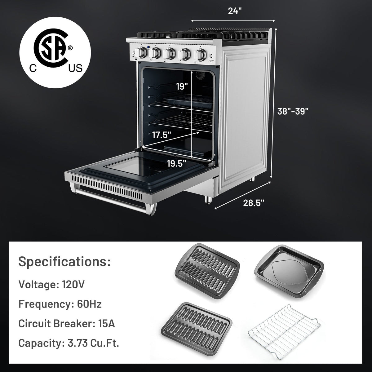 24 Inches Freestanding Natural Gas Range with 4 Burners Cooktop