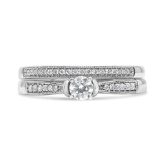 .925 Sterling Silver 1/3 Cttw Diamond Classic Engagement Ring Bridal Set with Milgrain (I-J Color, I3 Clarity) - Ring Size 7