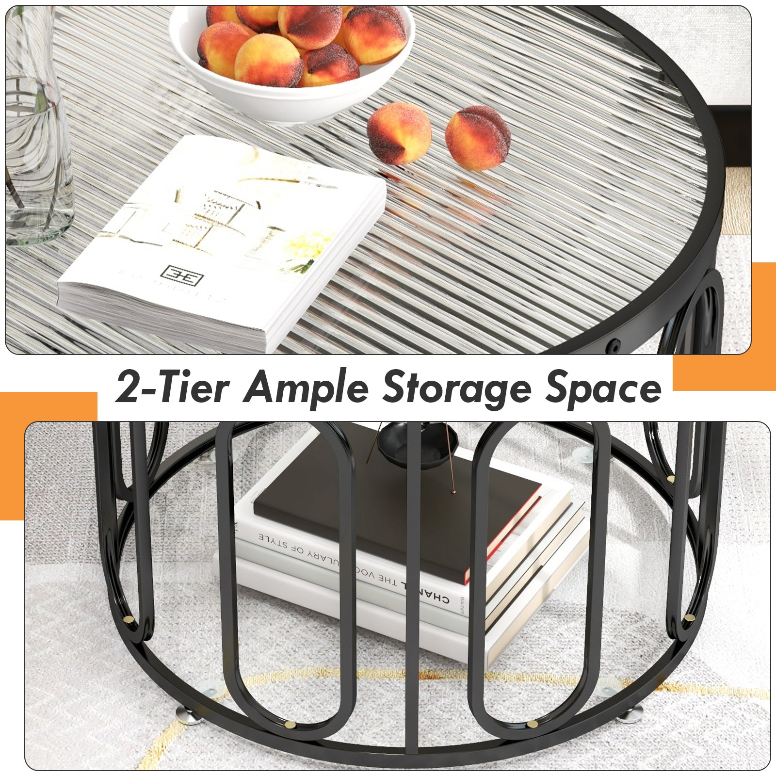 24 Inch Round Coffee Table with Reeded Tempered Glass Top and Oval Swivel Brackets-Black