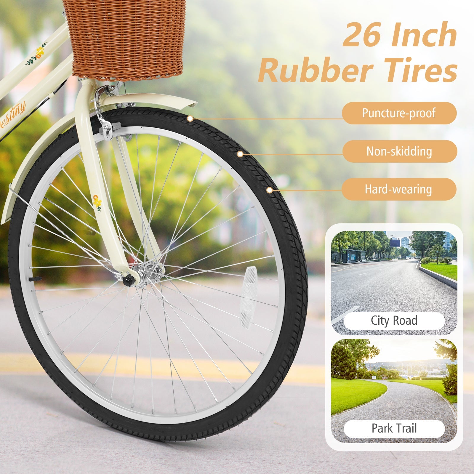 24/26 Inch Beach Cruiser Bike with Basket and Rear Rack