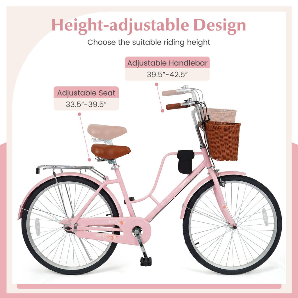 26-Inch Beach Cruiser Bike with Basket and Cup Holder - Pink