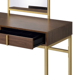 Coleen Walnut & Gold Finish Vanity Desk with Mirror & Jewelry Tray