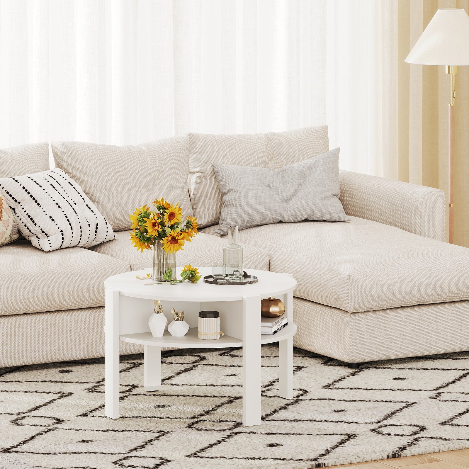 29.5 Inch Round Coffee Table with Storage Shelves for Small Space-White