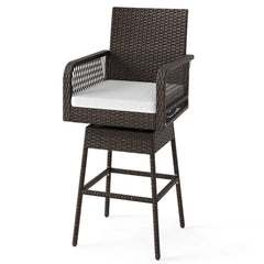 29 Inches Patio 360¬∞ Swivel Bar Stool with Cross-Woven Armrests and Seat Cushion-White