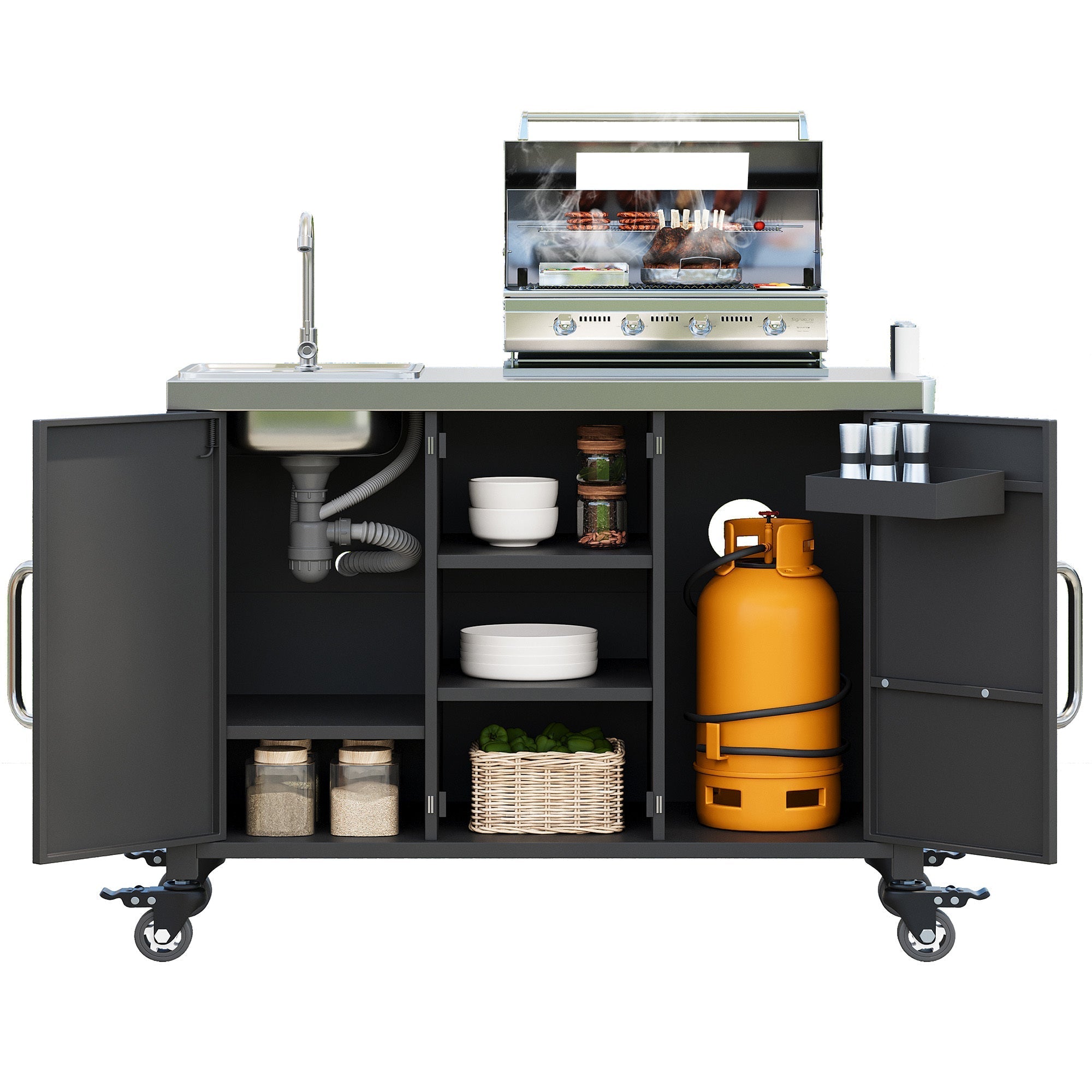 K&K 55.5' Outdoor Kitchen Island with 304 Stainless Steel Sink