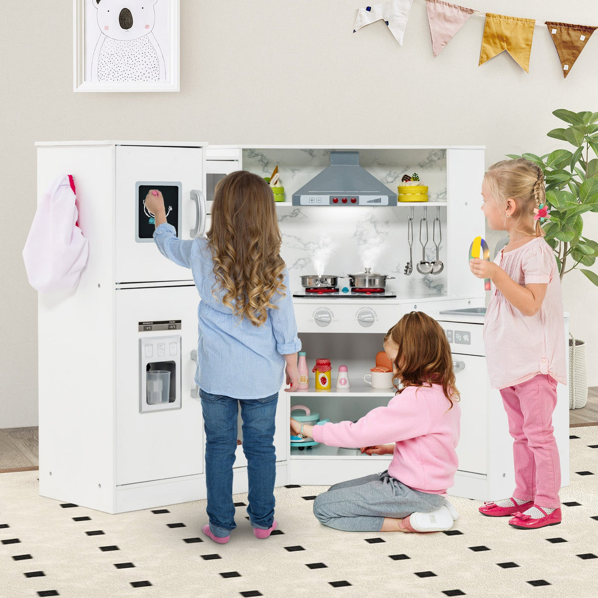 Kids Corner Pretend Kitchen Playset with Separated Washing Basin-White