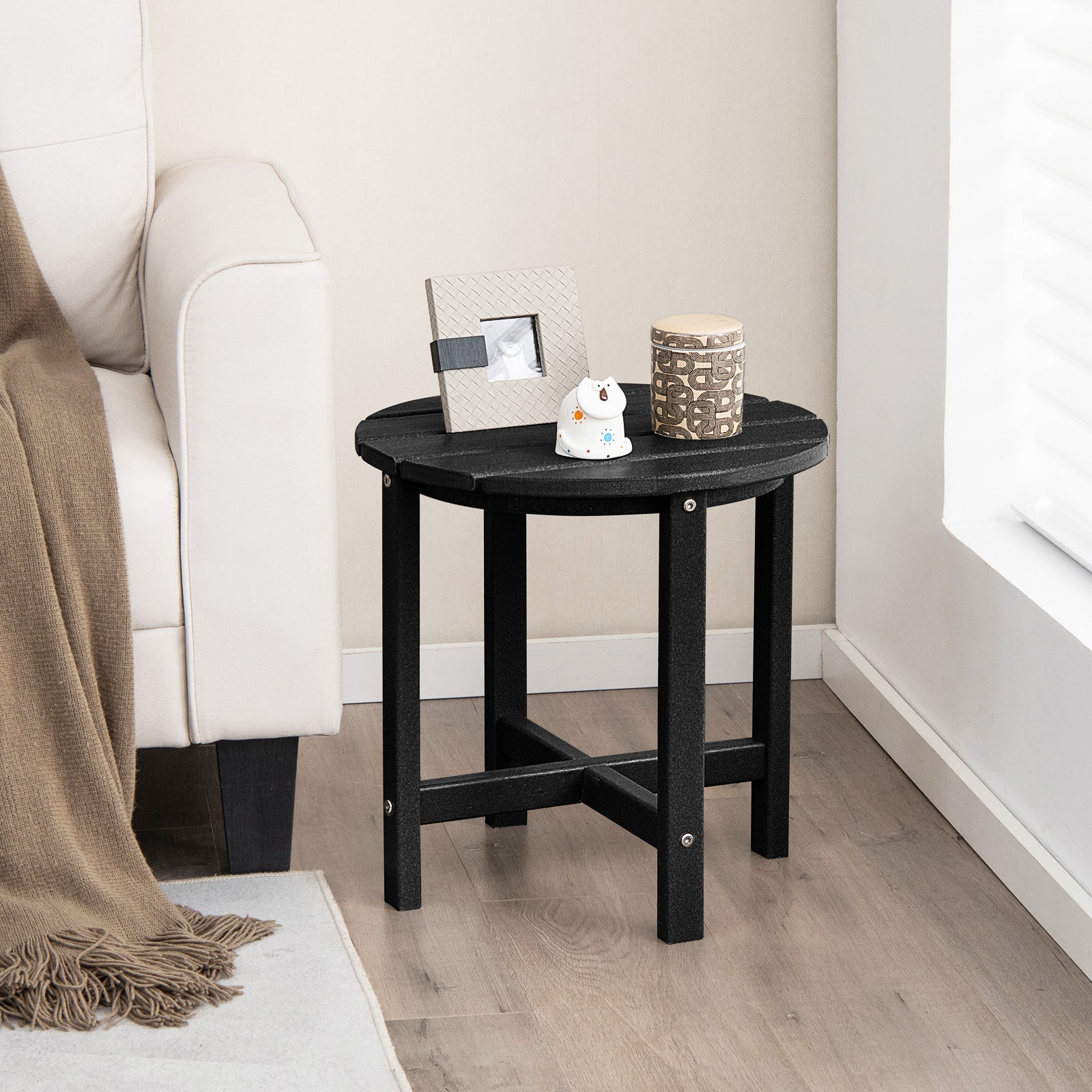Set of 2 18 Inch Round Weather-Resistant Adirondack Side Tables-Black