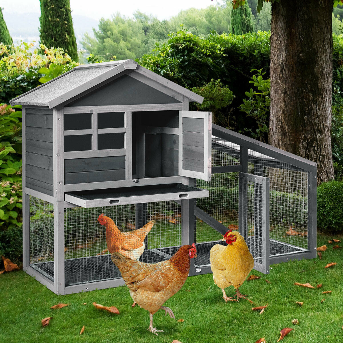 Wooden 56.5 Inch Length Rabbit Hutch with Pull out Tray and Ramp