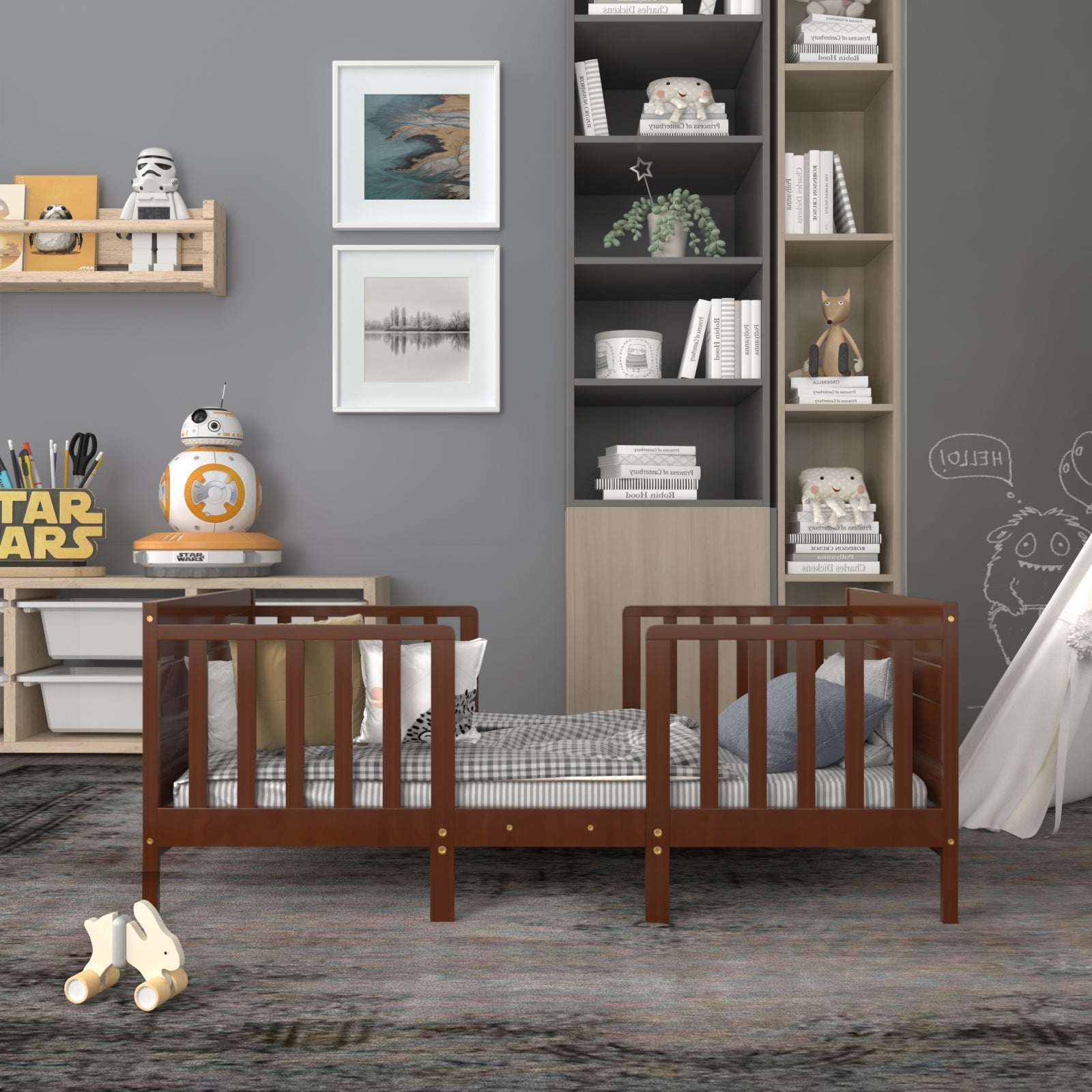 2-in-1 Convertible Kids Wooden Bedroom Furniture with Guardrails-Brown