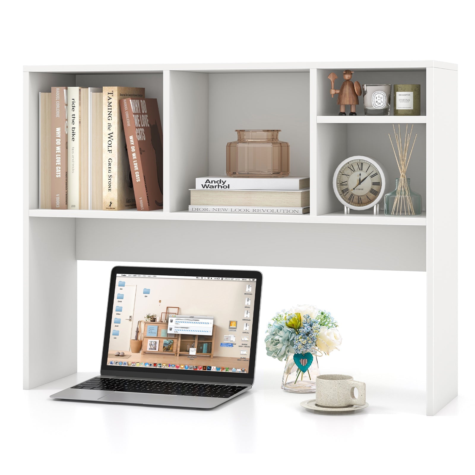Computer Desktop Bookcase with 4 Cubbies and Open Back Compartment-White