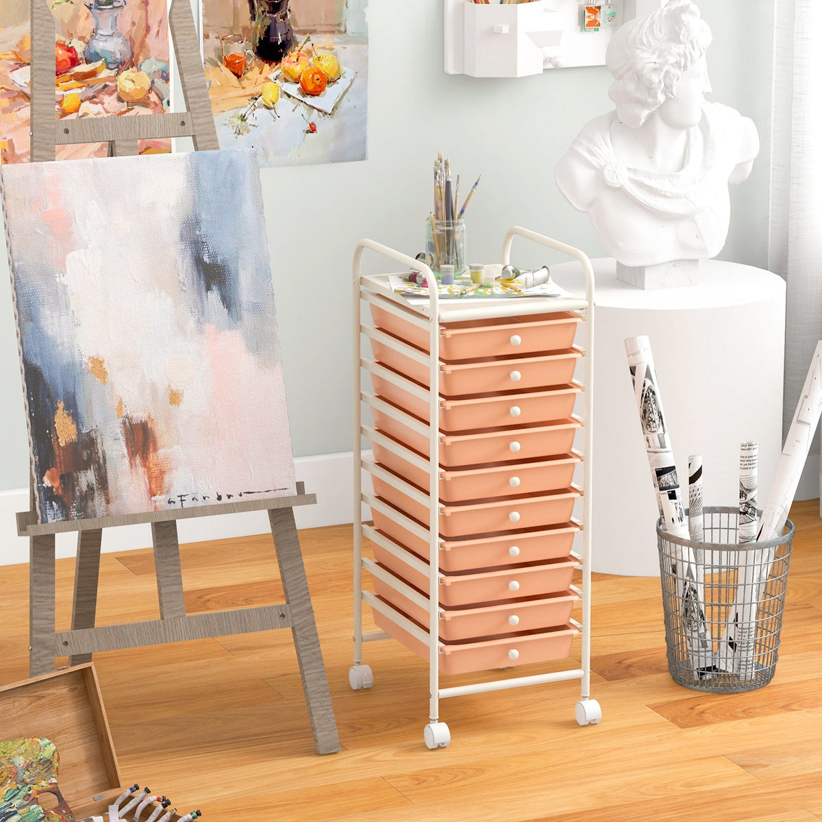 10 Drawer Rolling Storage Cart Organizer with 4 Universal Casters-Cherry