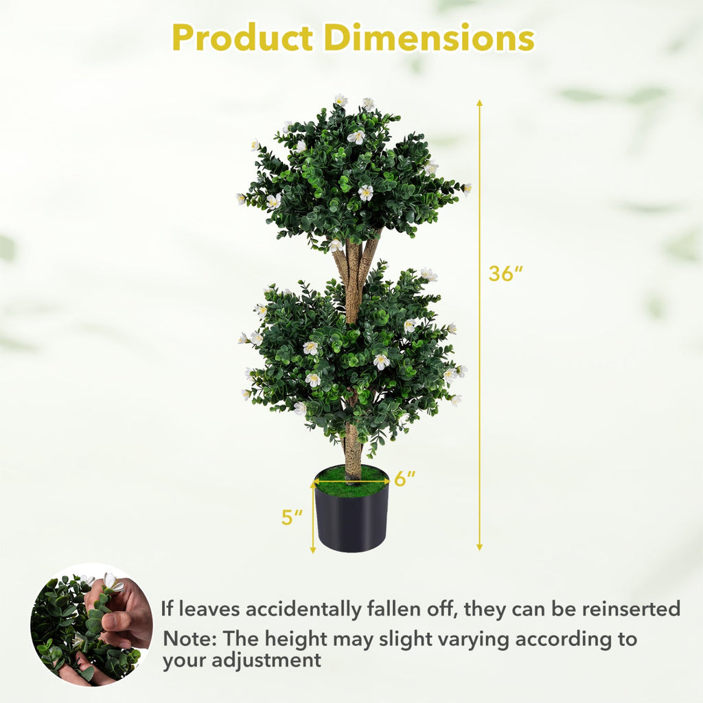 2 Pack 36" Artificial Double Ball Boxwood Topiary Tree with 41 Blossoms