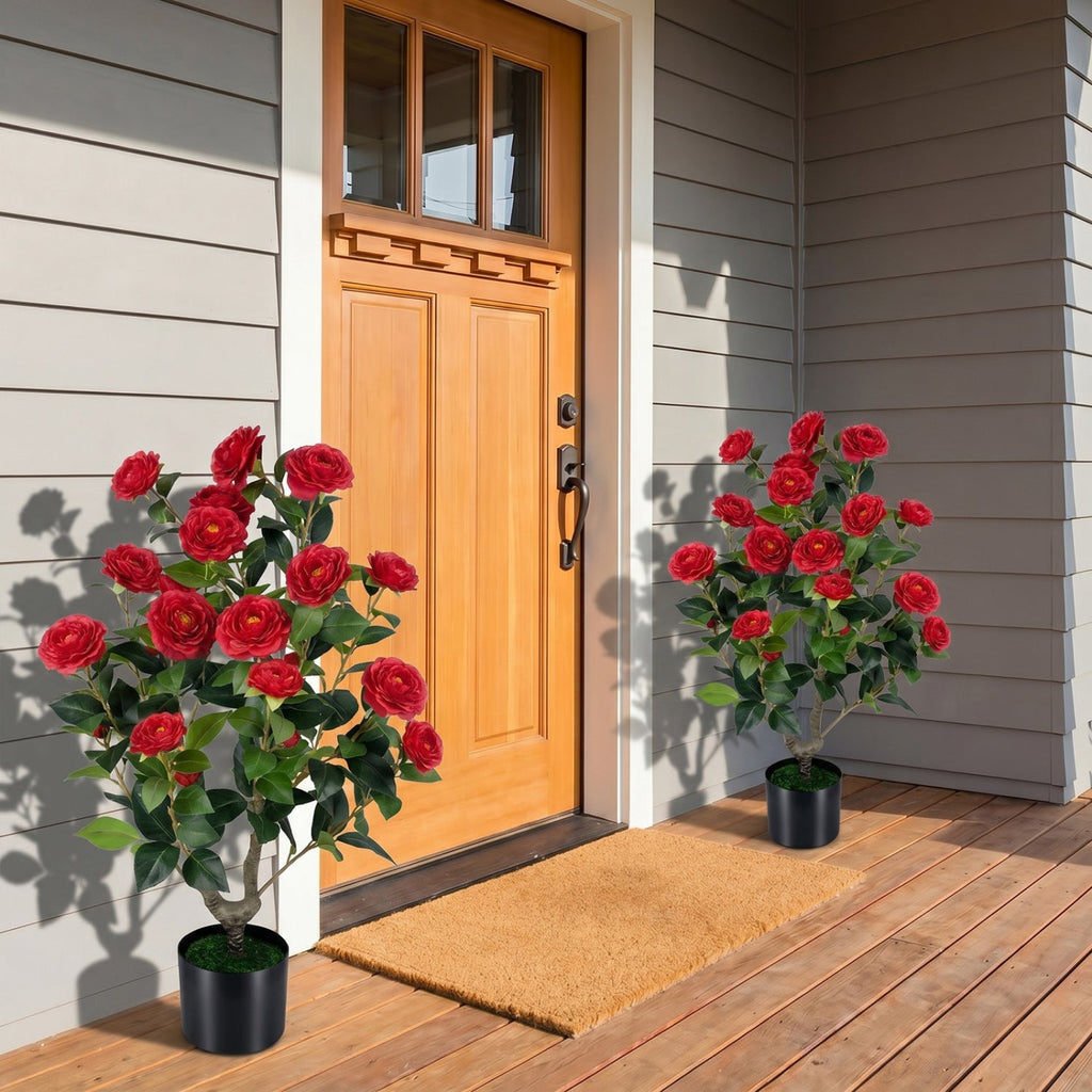 Artificial Camellia Tree in Cement Pot - 35.5" (2-Pack)