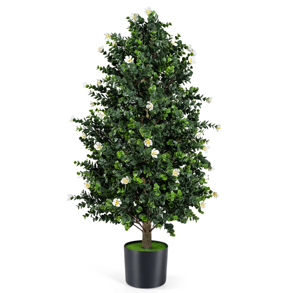 2 Pack Artificial Topiary Cone Tree Faux Potted Shrub Plant with 49 Flowers