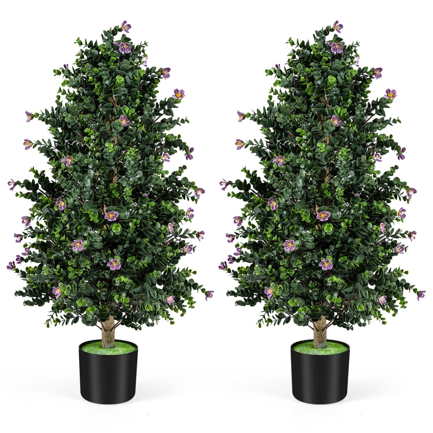 2 Pack Artificial Topiary Cone Tree Faux Potted Shrub Plant with 49 Flowers