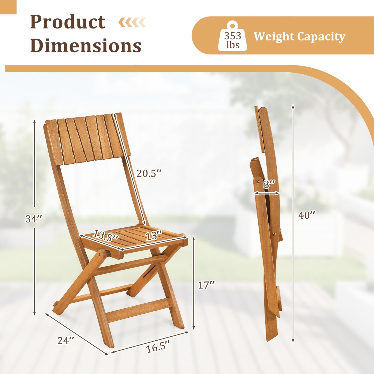 2 Pack Folding Chairs Sturdy Wood Dining Chairs with Slatted Backrest and Seat