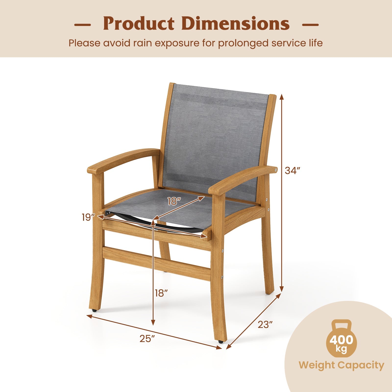Set of 2 Patio Dining Chairs with Breathable Fabric and Acacia Wood Frame