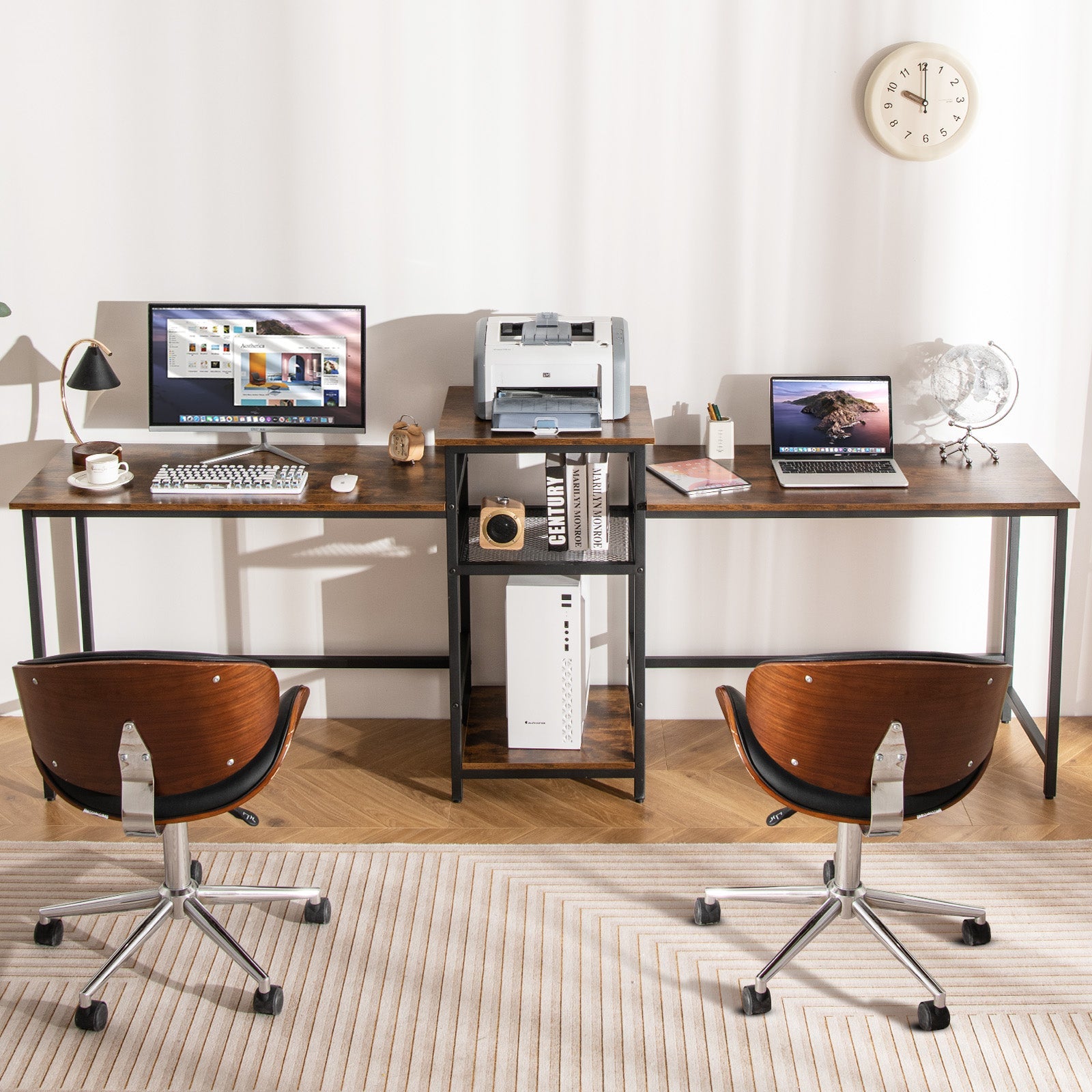 2-Person Computer Desk with Power Outlet and Printer Stand-Rustic Brown