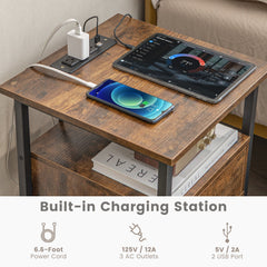 1/2 Pieces 3-Tier Nightstand with Charging Station and Drawer