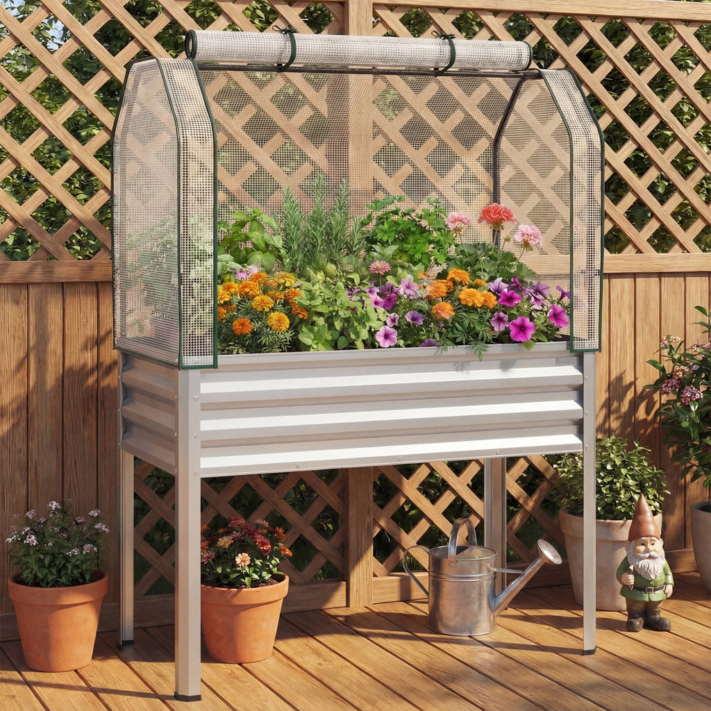 2 Pieces Galvanized Raised Garden Bed with Legs and Greenhouse Cover for Vegetable Flower