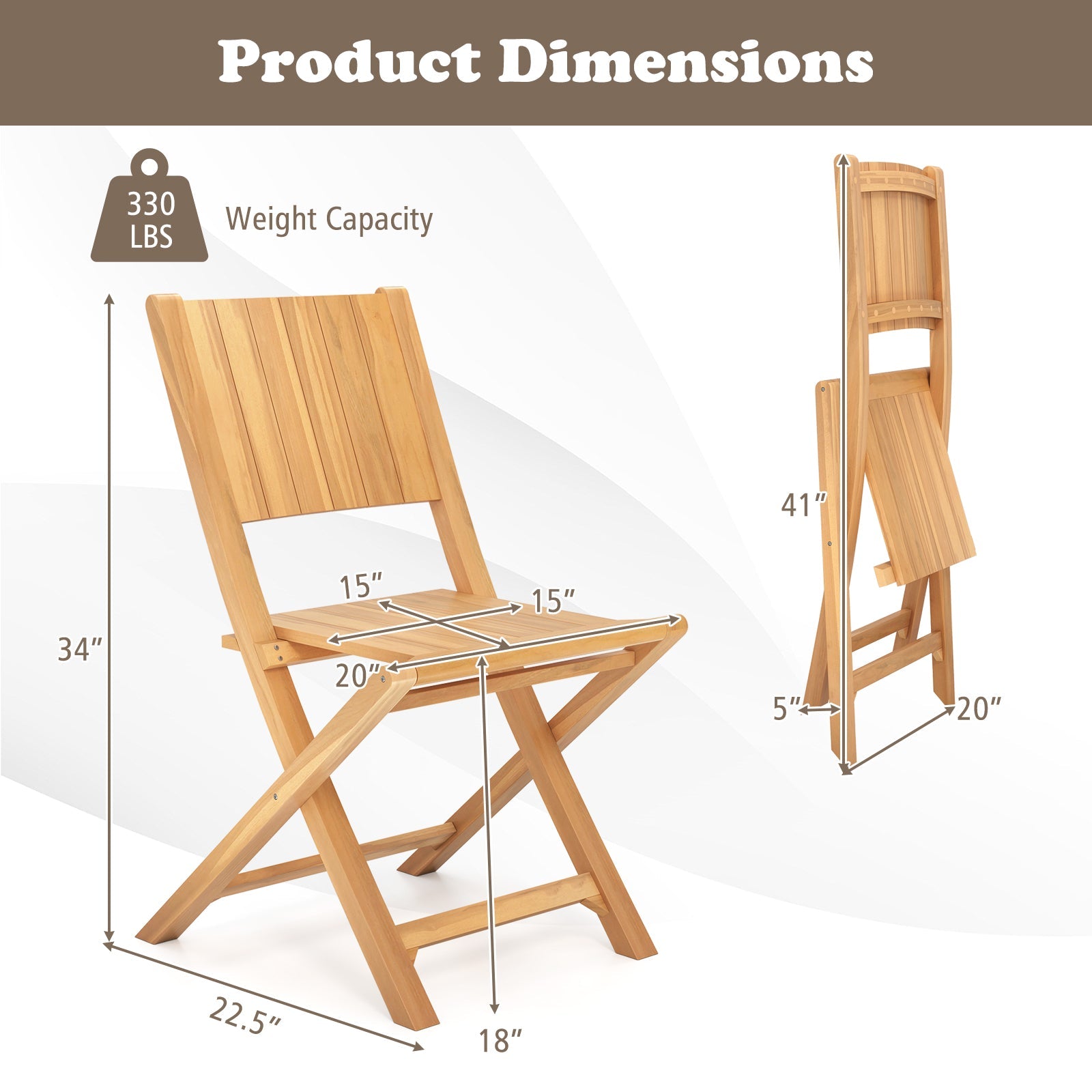 2 Pieces Teak Wood Outdoor Dining Chairs with Slatted Seat
