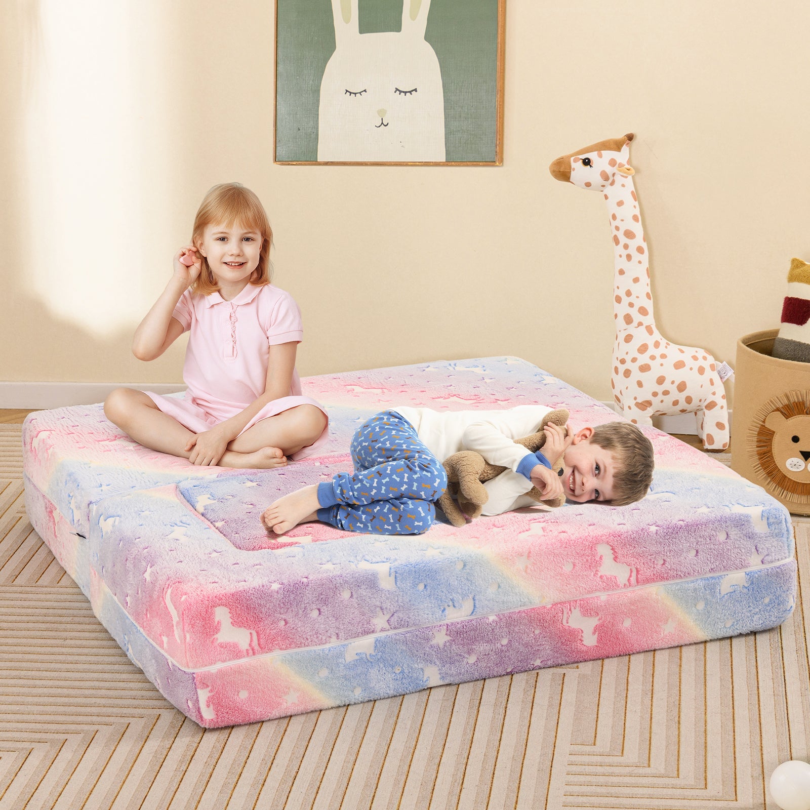 2 Seater Kids Play Couch with Removable and Machine Washable Flannel Cover-Color