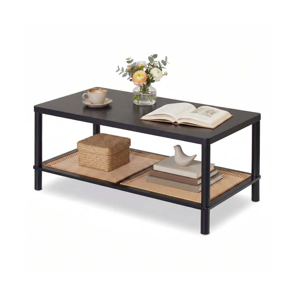 2-Tier Boho Coffee Table with Rattan Storage Shelf