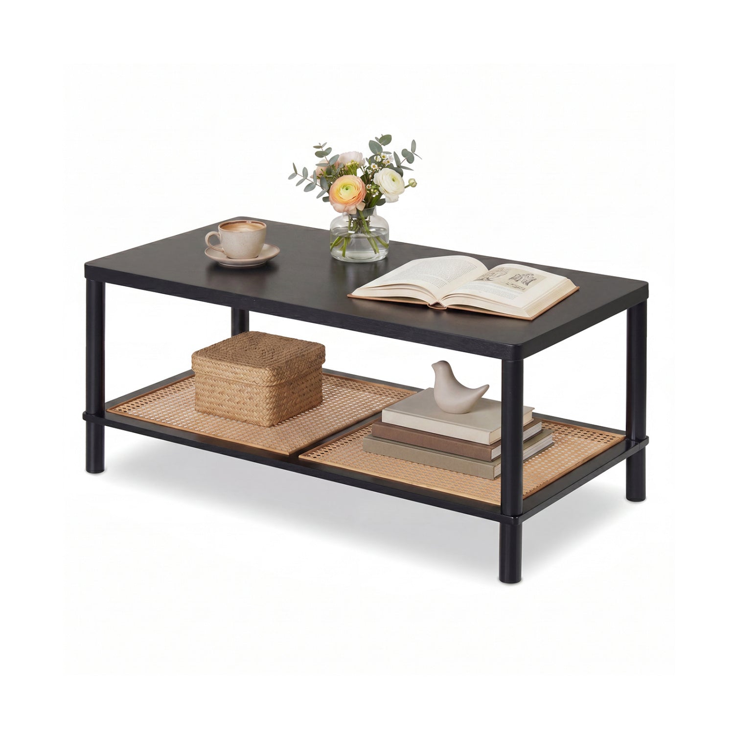2-Tier Boho Coffee Table with Rattan Storage Shelf