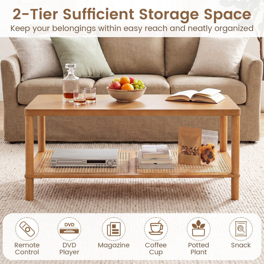 2-Tier Boho Coffee Table with Rattan Storage Shelf