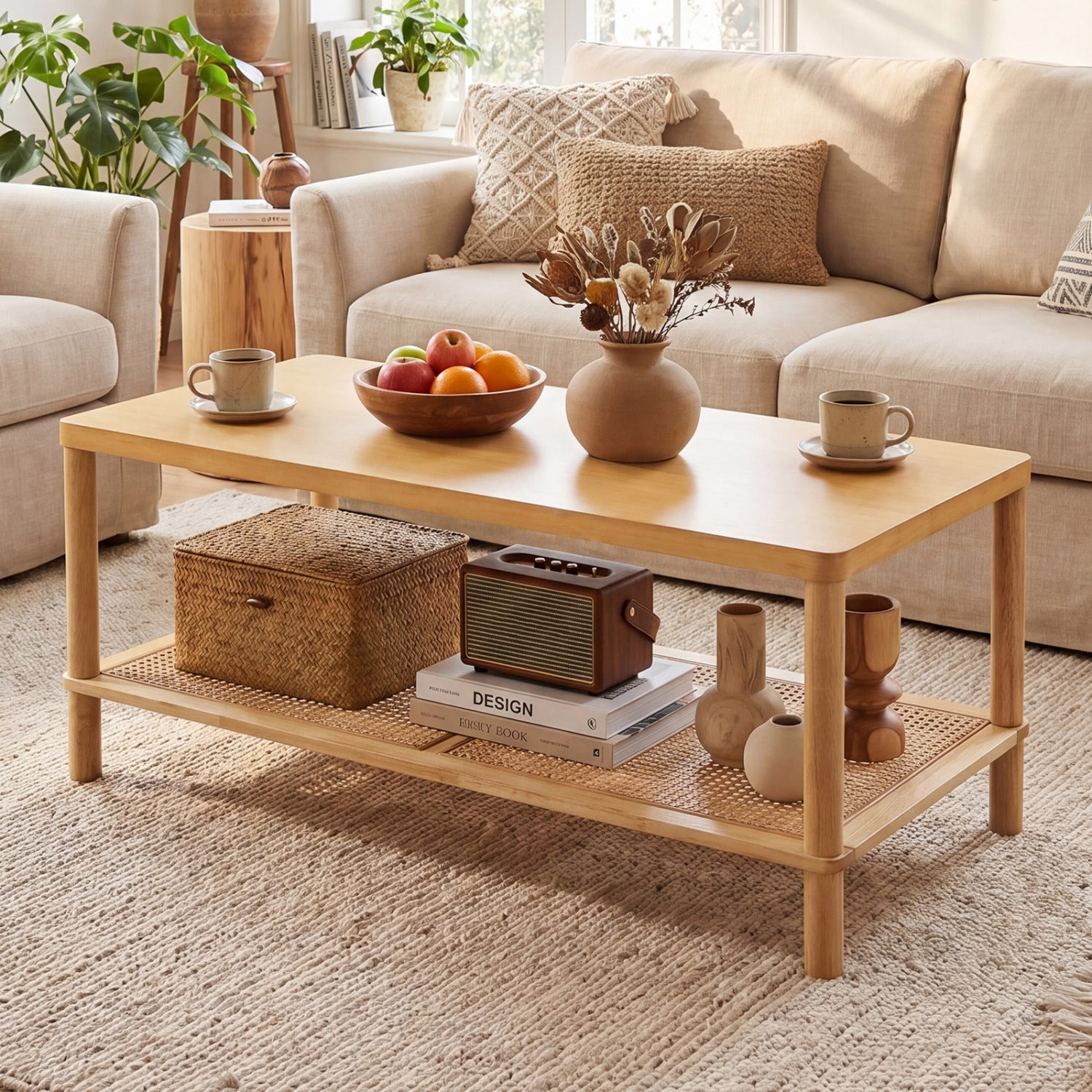 2-Tier Boho Coffee Table with Rattan Storage Shelf