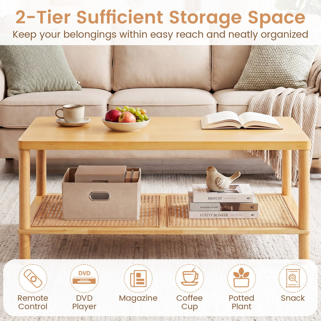 2-Tier Boho Coffee Table with Rattan Storage Shelf