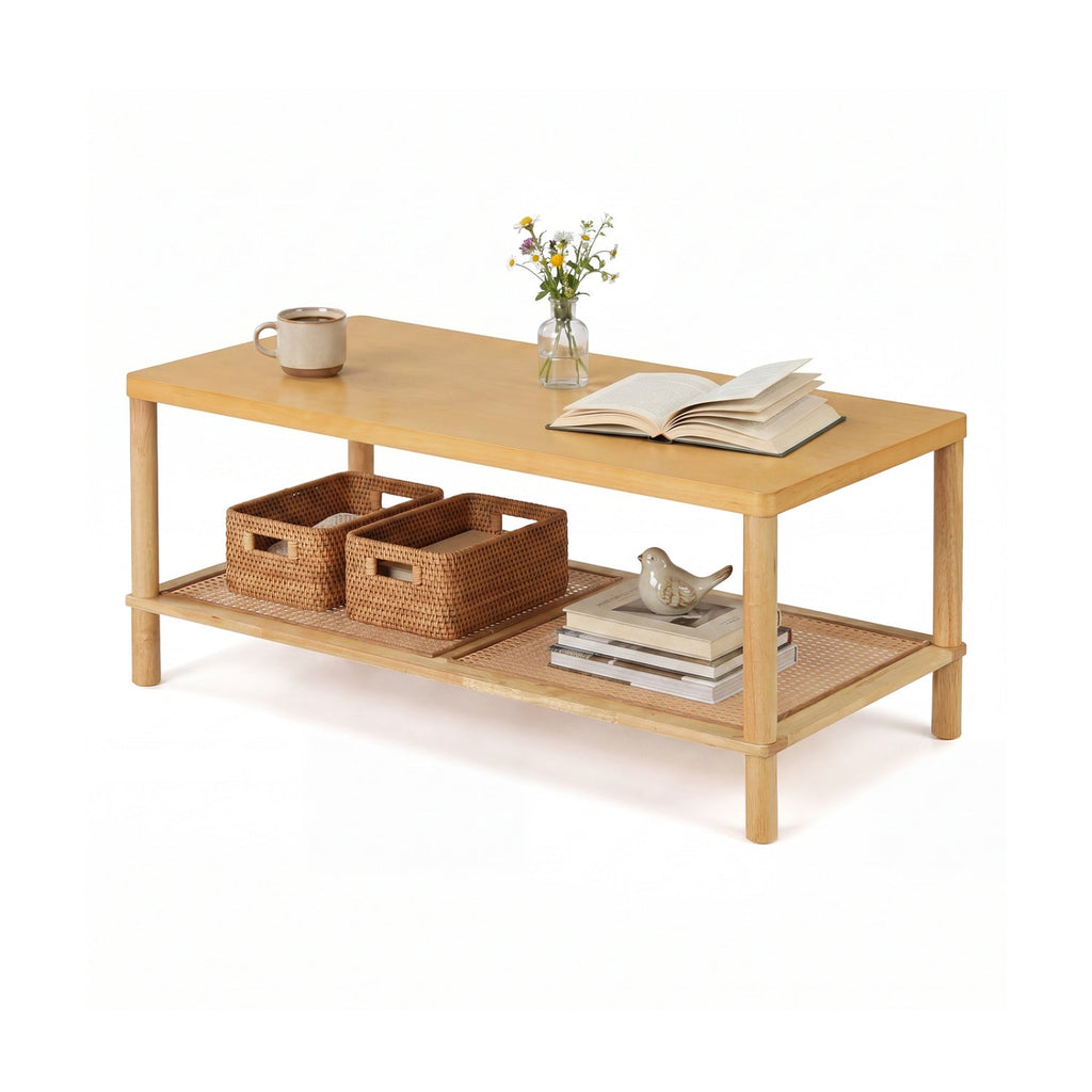 2-Tier Boho Coffee Table with Rattan Storage Shelf