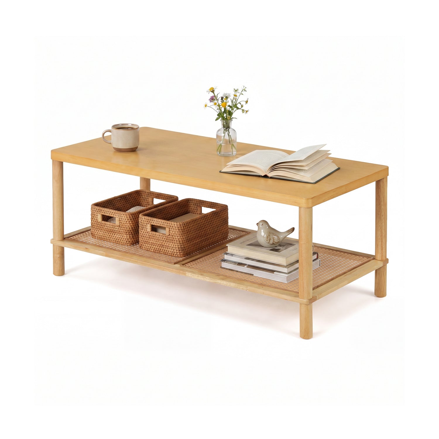 2-Tier Boho Coffee Table with Rattan Storage Shelf