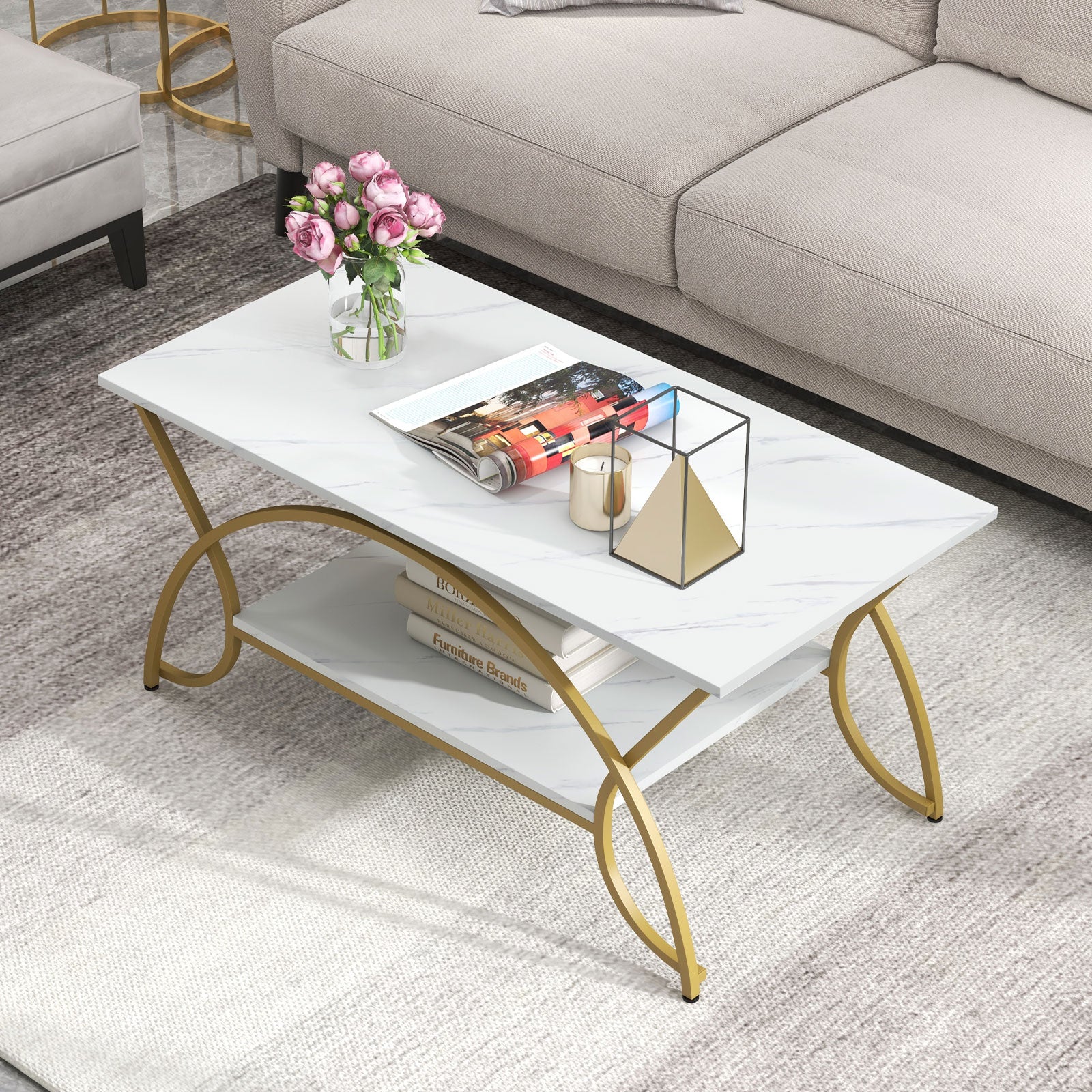 2-Tier Rectangle Coffee Table with Marble Pattern Top