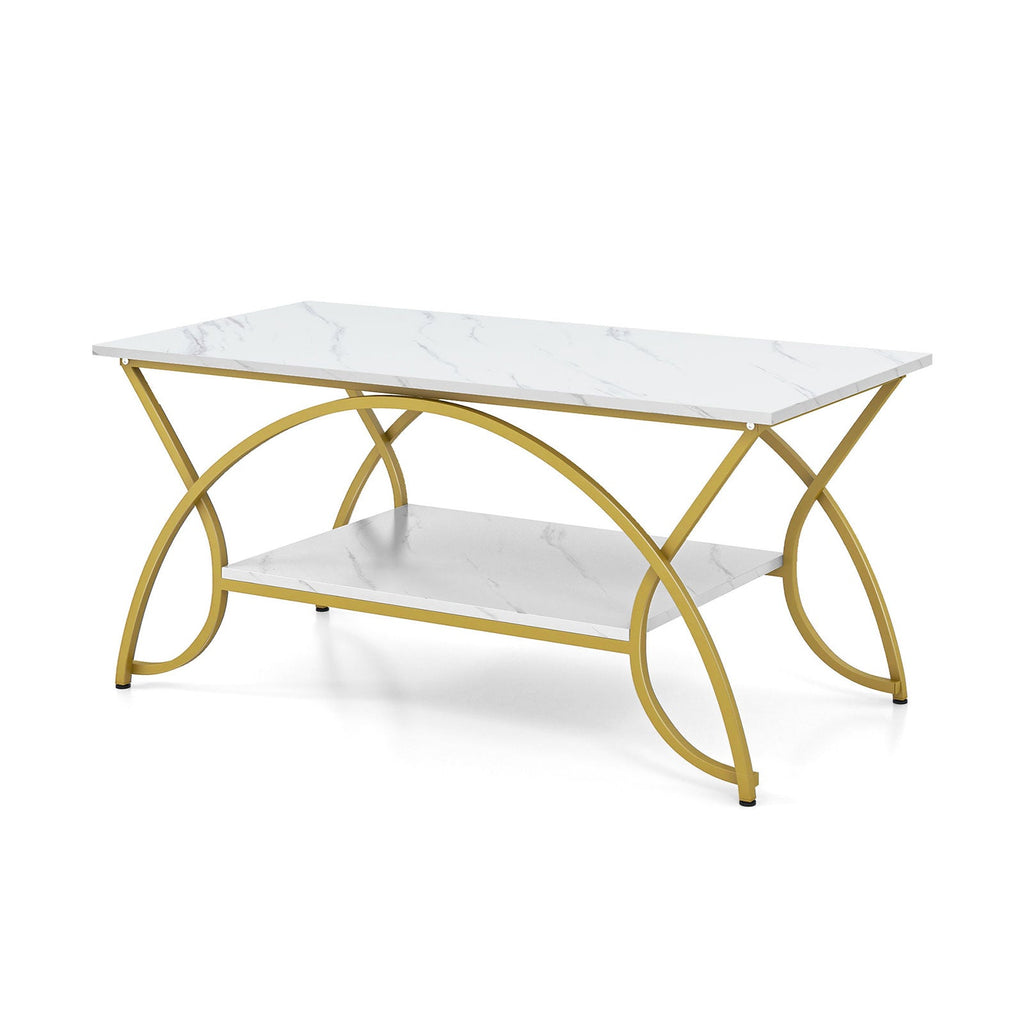 2-Tier Rectangle Coffee Table with Marble Pattern Top