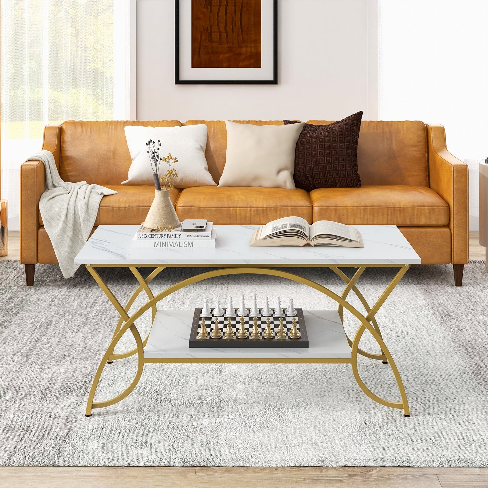 2-Tier Rectangle Coffee Table with Marble Pattern Top