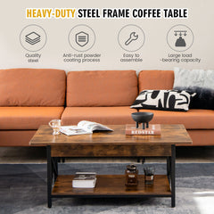 2-Tier Industrial Rectangular Coffee Table with Storage Shelf-Rustic Brown
