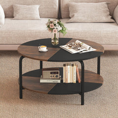 2-Tier Round Coffee Table Metal Frame with Storage Shelf