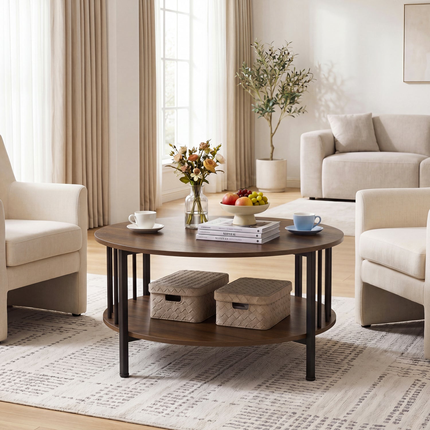 Round Coffee Table with Storage Shelf and Metal Frame