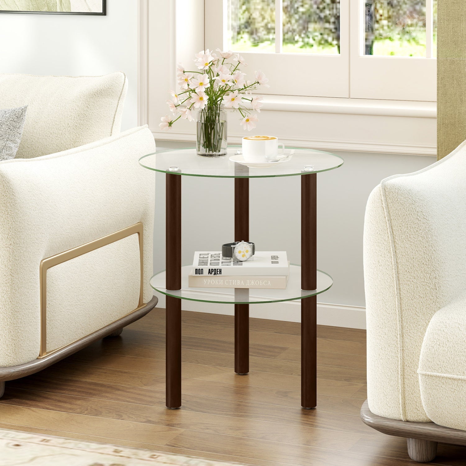 Round End Table with Tempered Glass Top and Shelf